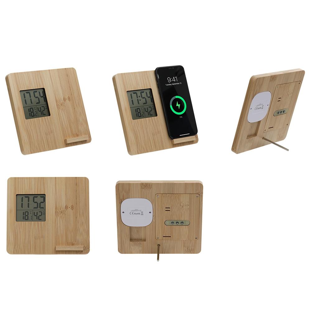 Schreibtisch Bambus Uhr Kabelloses Mobil-Ladegerät